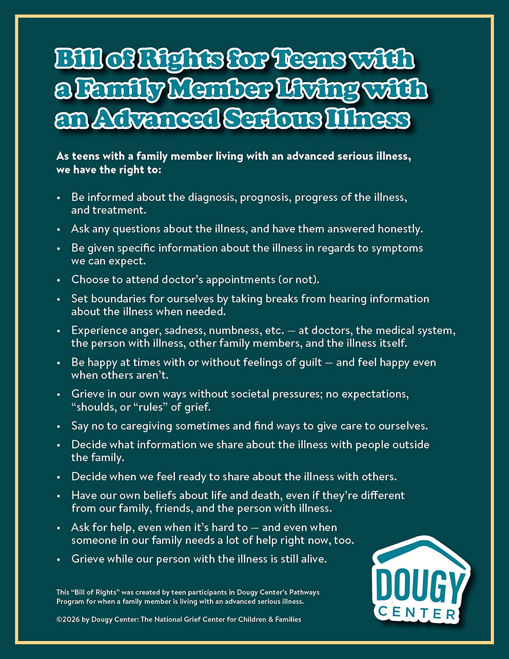 Bill of Rights for teens with a family member living with an advanced serious illness